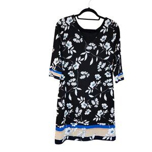 Black Floral Print 3/4 Sleeve Dress With V-Neckline & Color Block Hemline